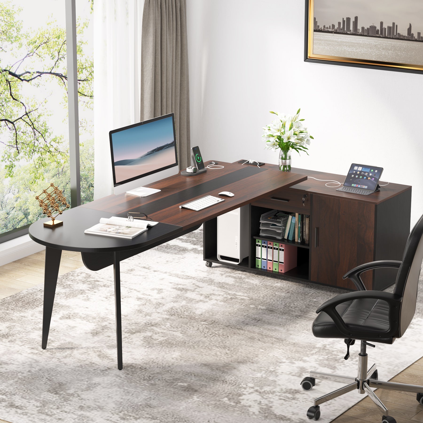 70.9'' L-Shaped Desk, Executive Desk with Power Outlet and 47” File Cabinet