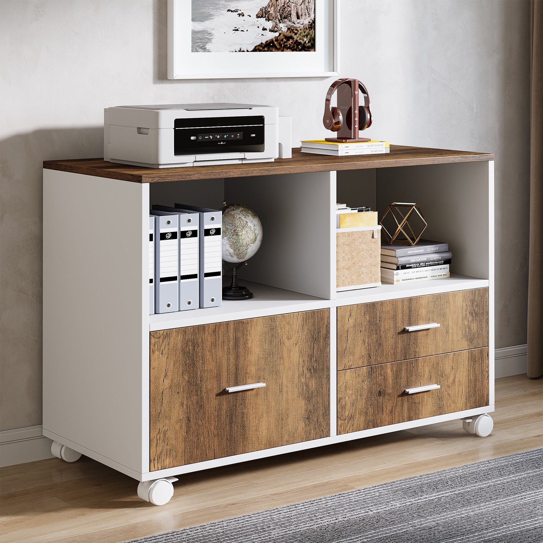 Lockable File Cabinet Printer Stand with Drawers & Caster