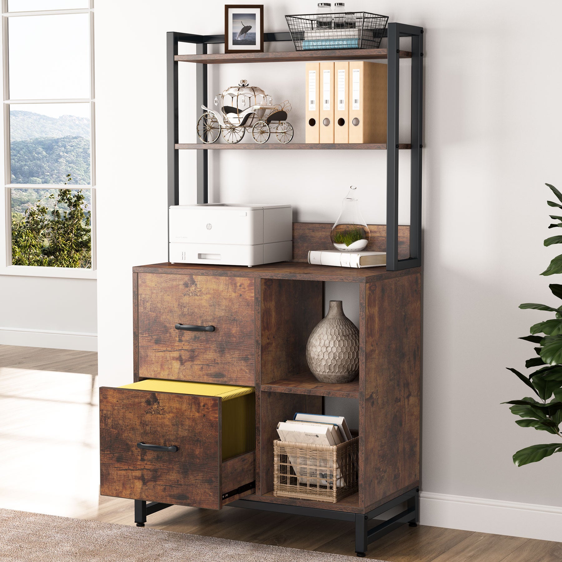 2-Drawer File Cabinet, Industrial Vertical Filling Cabinet with Bookshelf