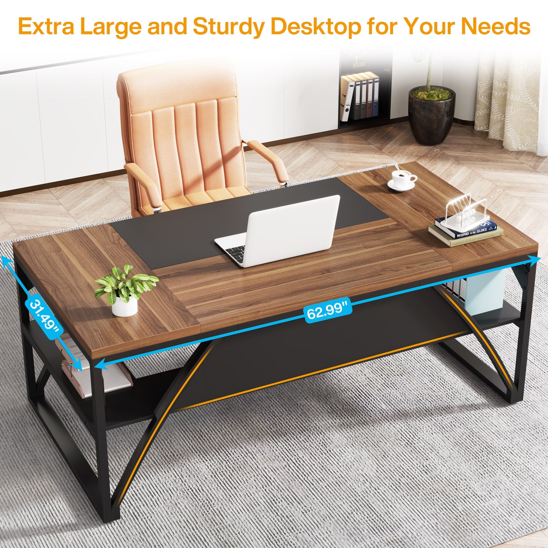 63-Inch Executive Desk, Modern Computer Desk with Storage Shelves