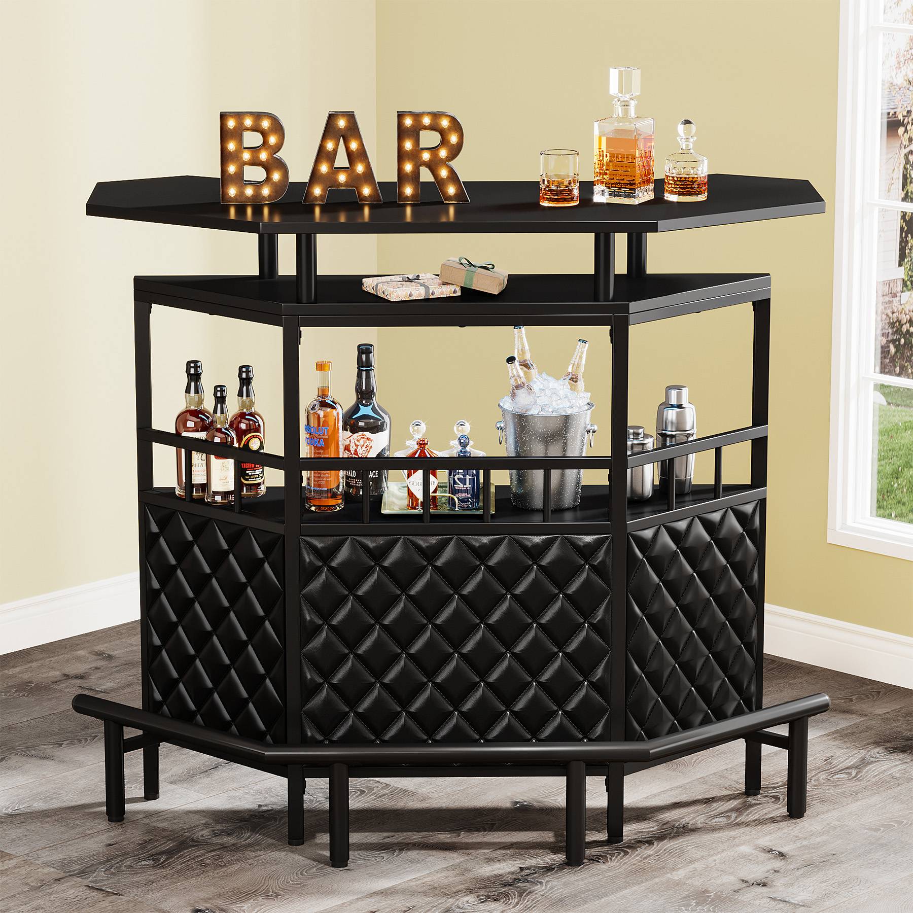 4-Tier Bar Unit, Home Bar Cabinet with Storage Shelves and Footrest