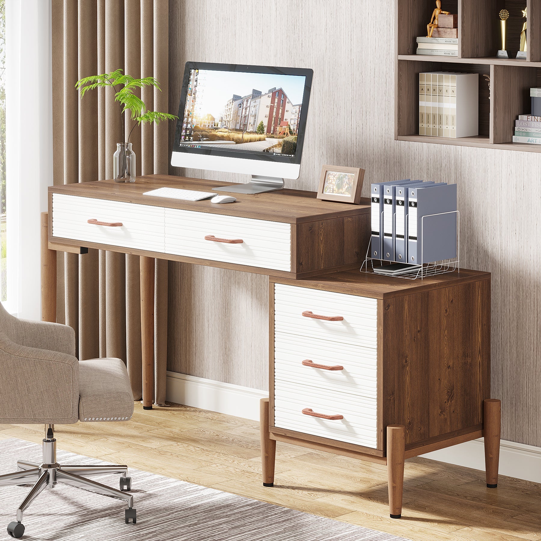 Modern Computer Desk, Home Office Desk with 5 Drawers File Cabinet