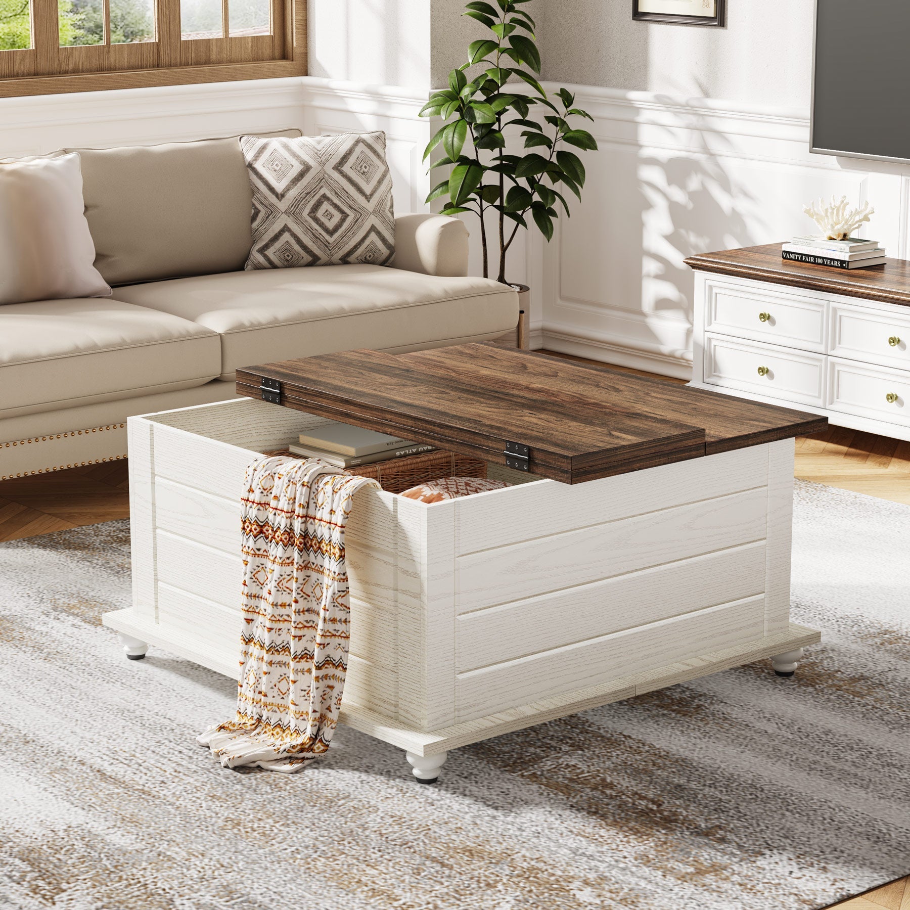 Farmhouse Coffee Table, Wood Center Table with Hidden Storage Compartment