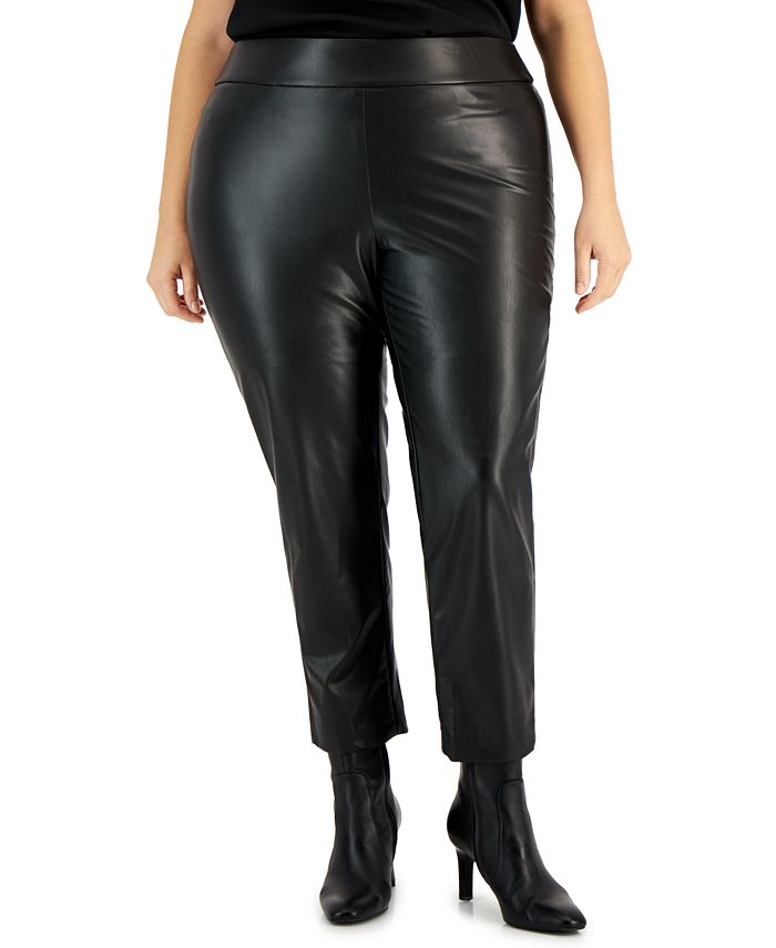 Plus Size Pull-On Faux-Leather Slim-Fit Ankle Pants