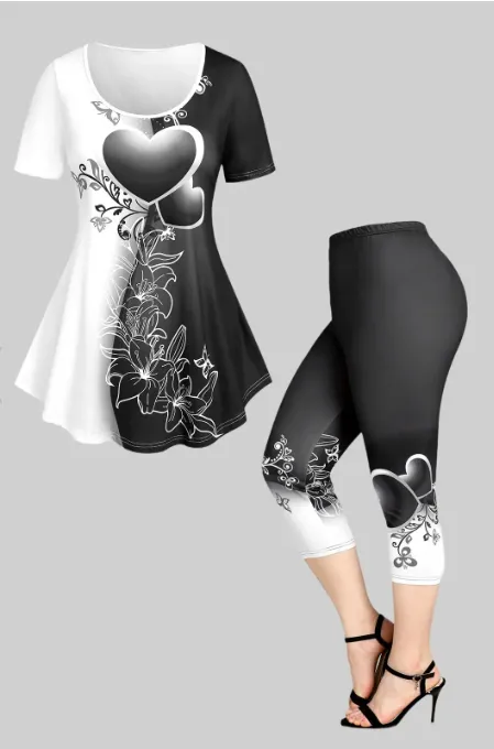 Heart Floral Print Colorblock Tee and Capri Leggings Plus Size Summer Outfit