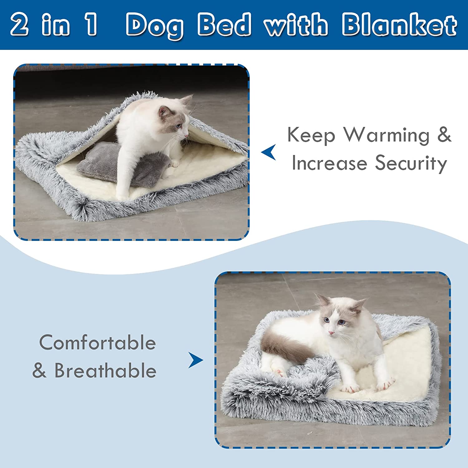 Cat Bed with Blanket Attached，33.5*27.6’’ Small Pet Dog Bed，Cozy Cuddler Mat for Puppy Cat with Washable Cover (Gray-White)