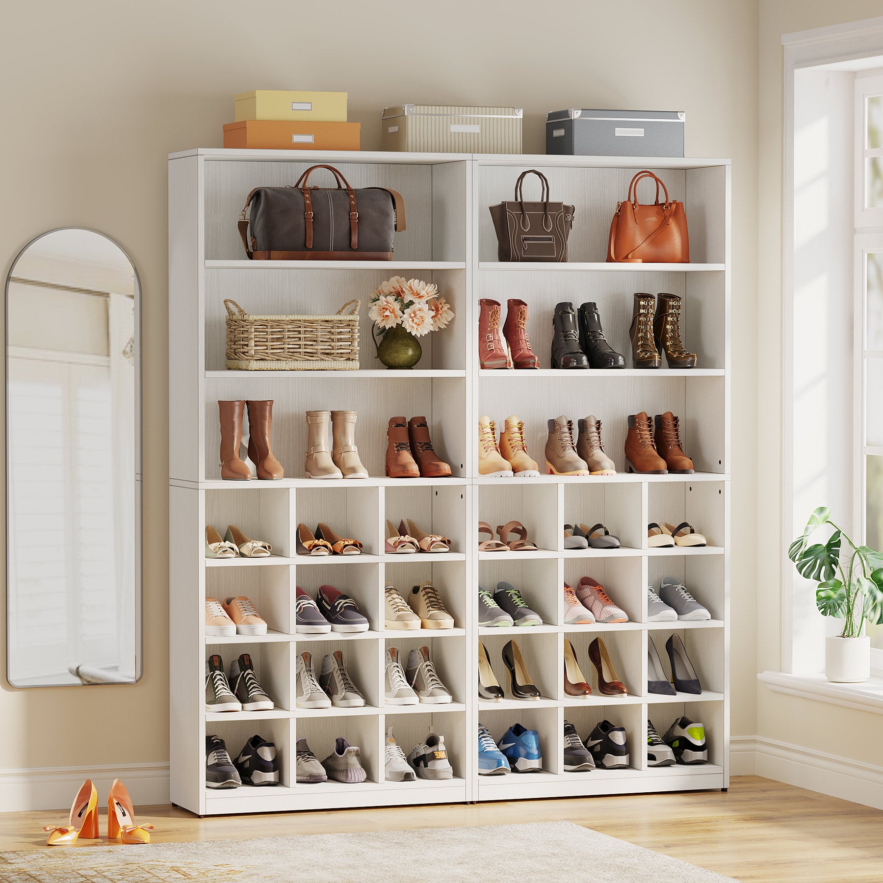 Freestanding Shoe Cabinet, 24 Pair Shoe Rack with Side Hooks