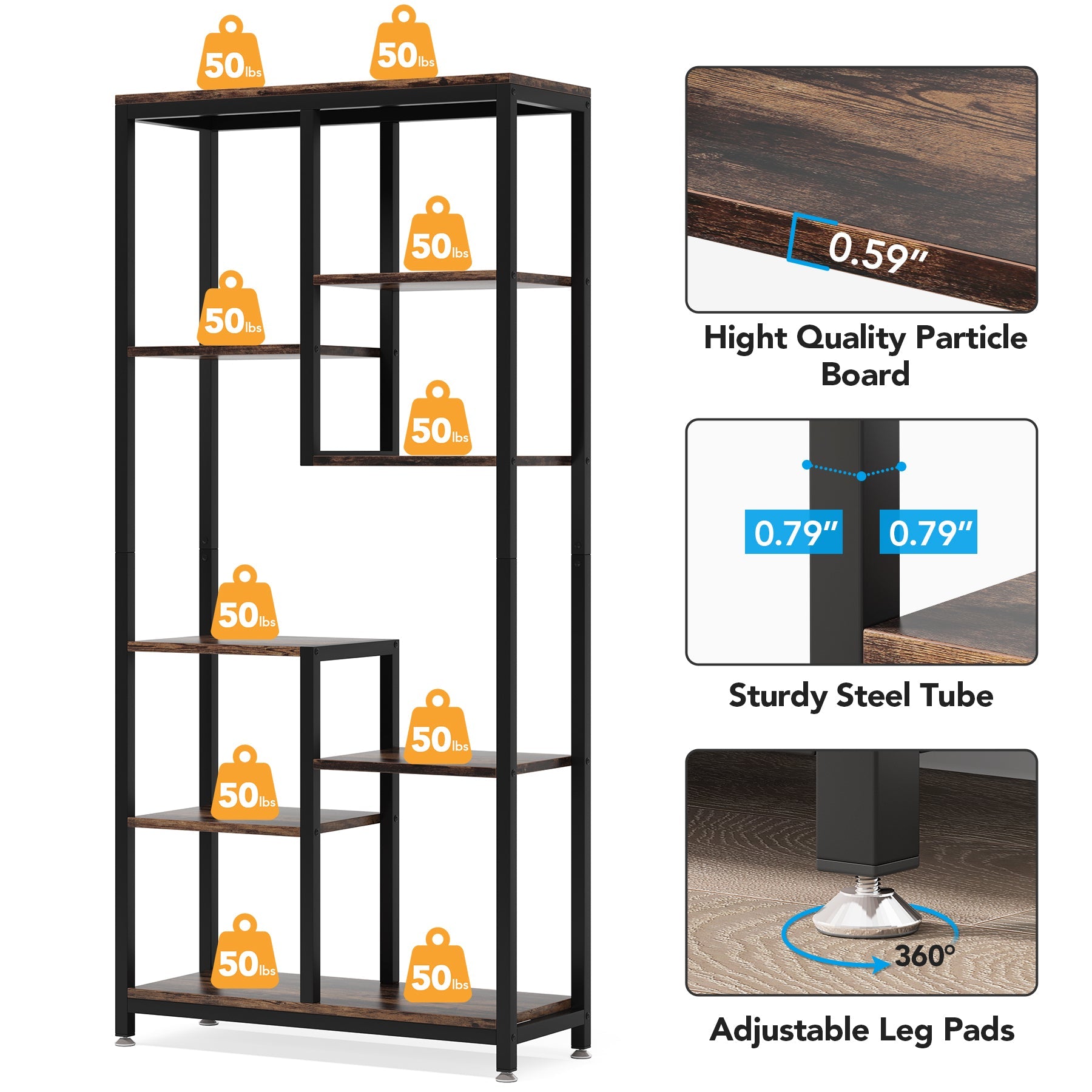 8-shelf Bookshelf, Industrial Open Bookcase Storage Display Rack