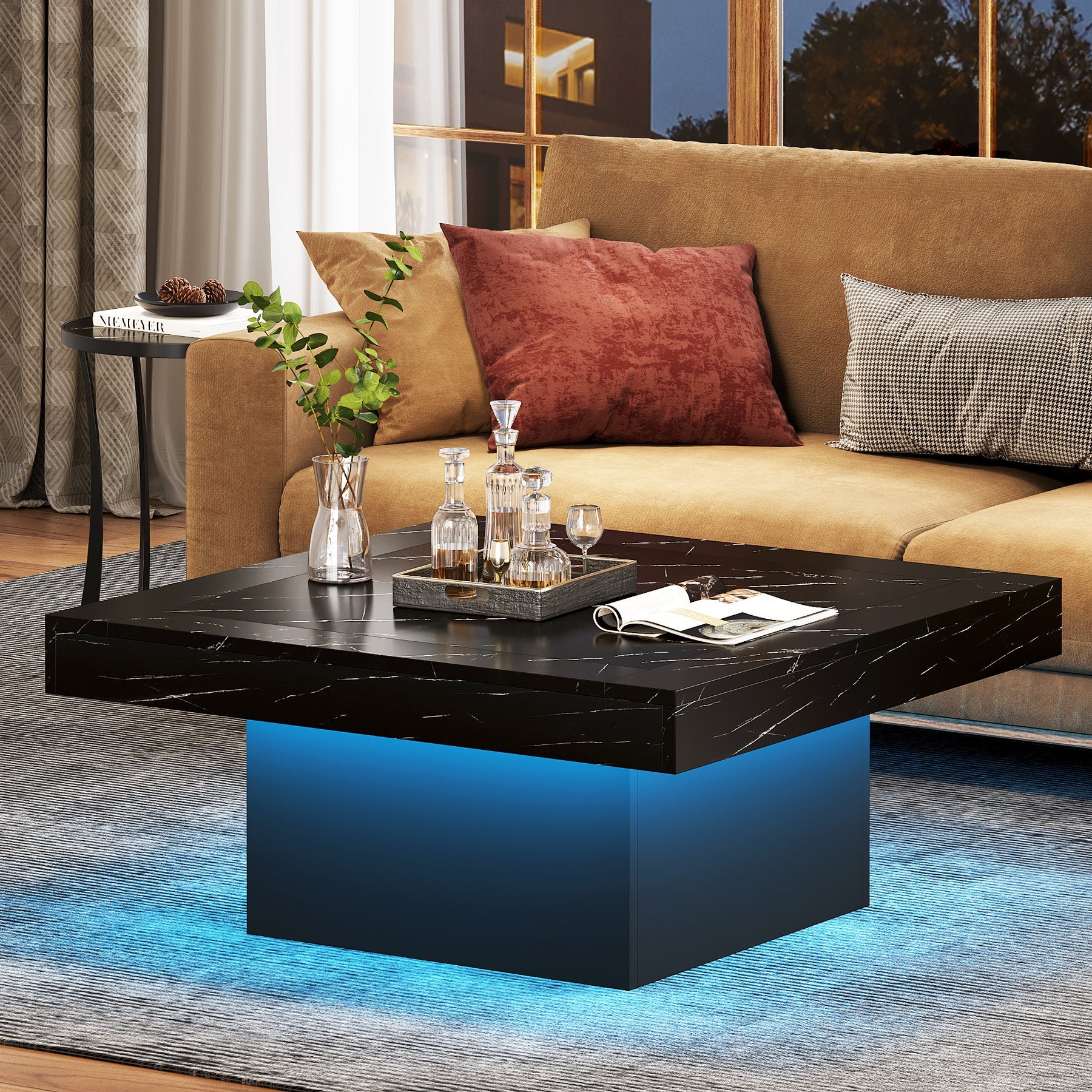 Square Coffee Table, Farmhouse Wood Cocktail Table with LED Light