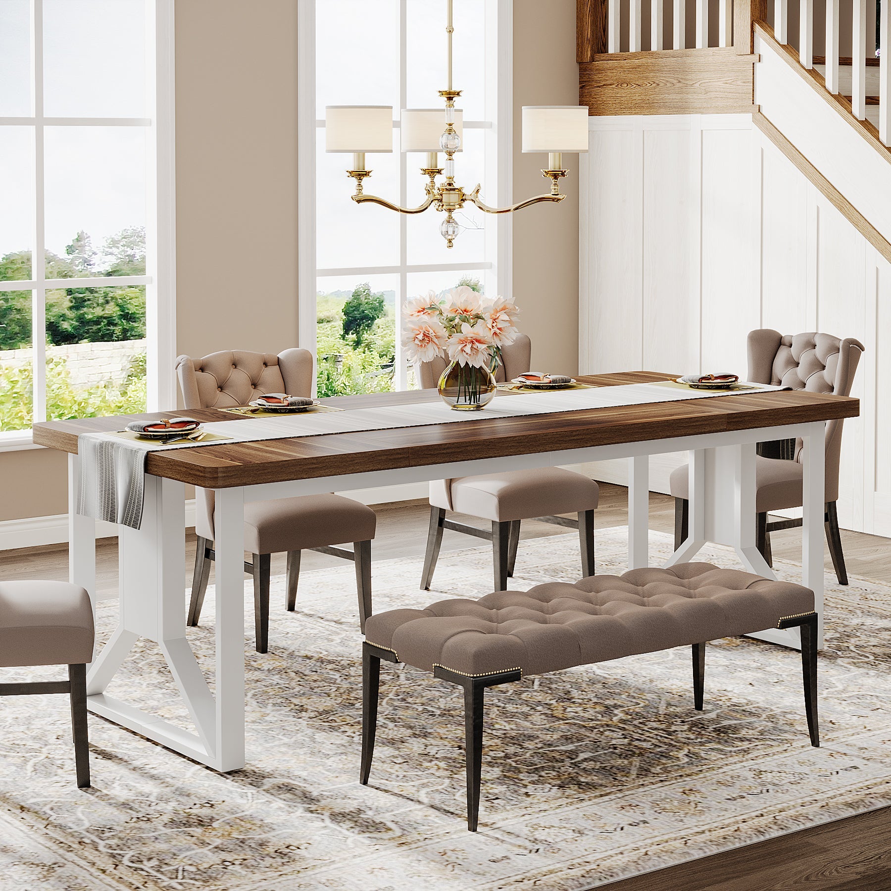 Wood Dining Table, 74.8-Inch Farmhouse Kitchen Table for 6-8 People