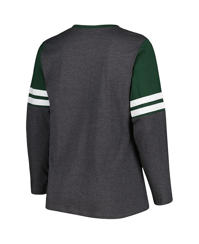 Women's Heather Charcoal and Green Michigan State Spartans Plus Size Stripe Lace-Up V-Neck Long Sleeve T-shirt