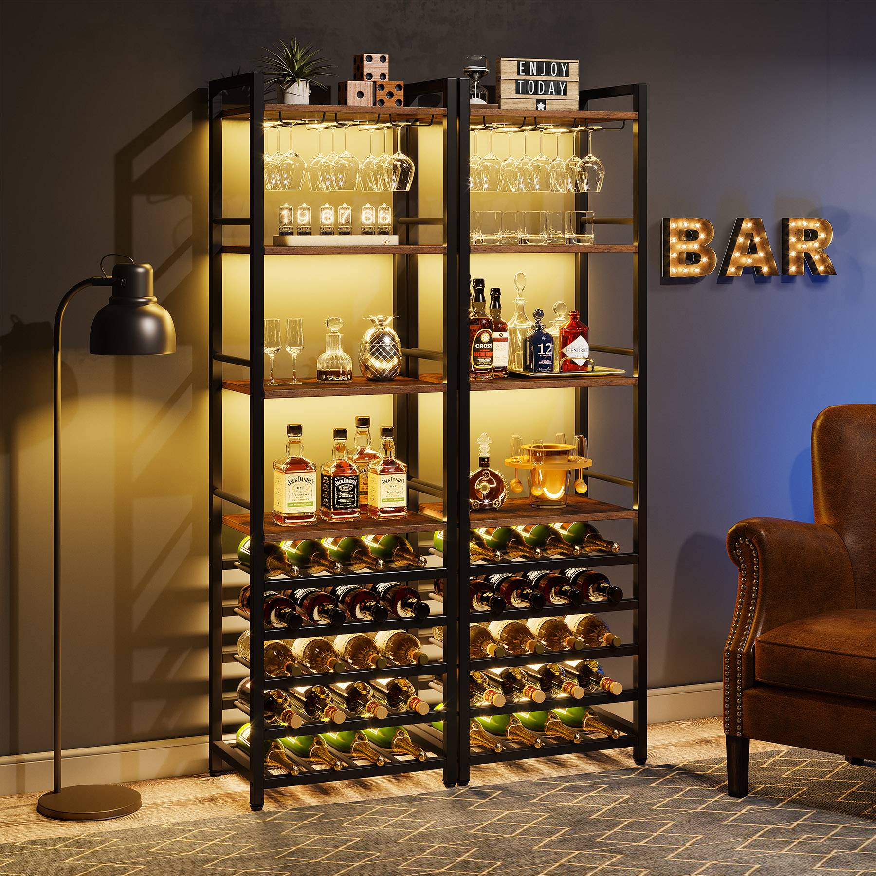 9-Tier Wine Rack, 20 Bottle Wine Bar Cabinet with Glass Holder