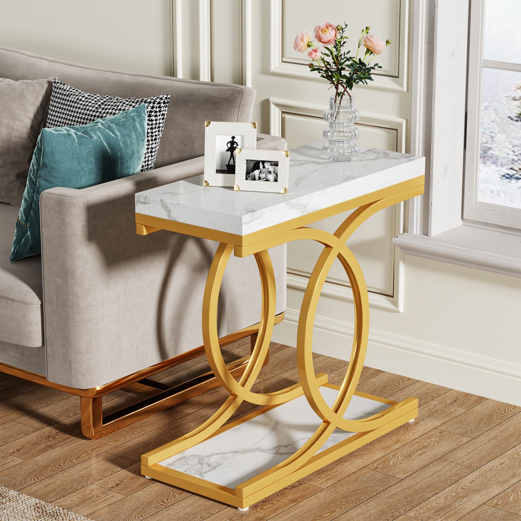 Modern End Table, Faux Marble Side Table Bedside Accent Table