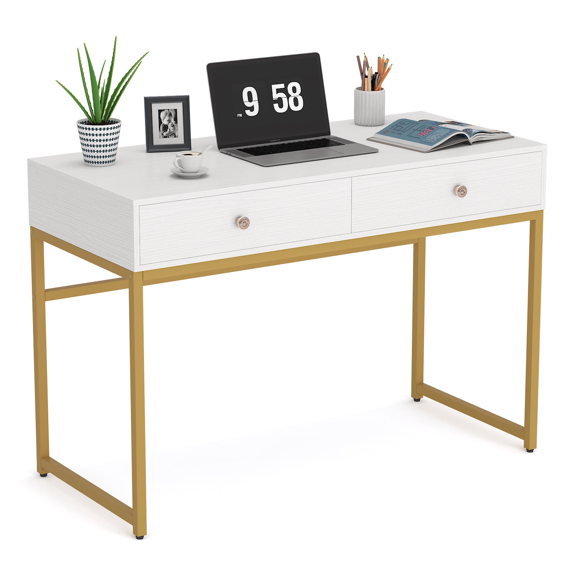 Modern Computer Desk with 2 Drawers, 47“ Simple Study Writing Desk