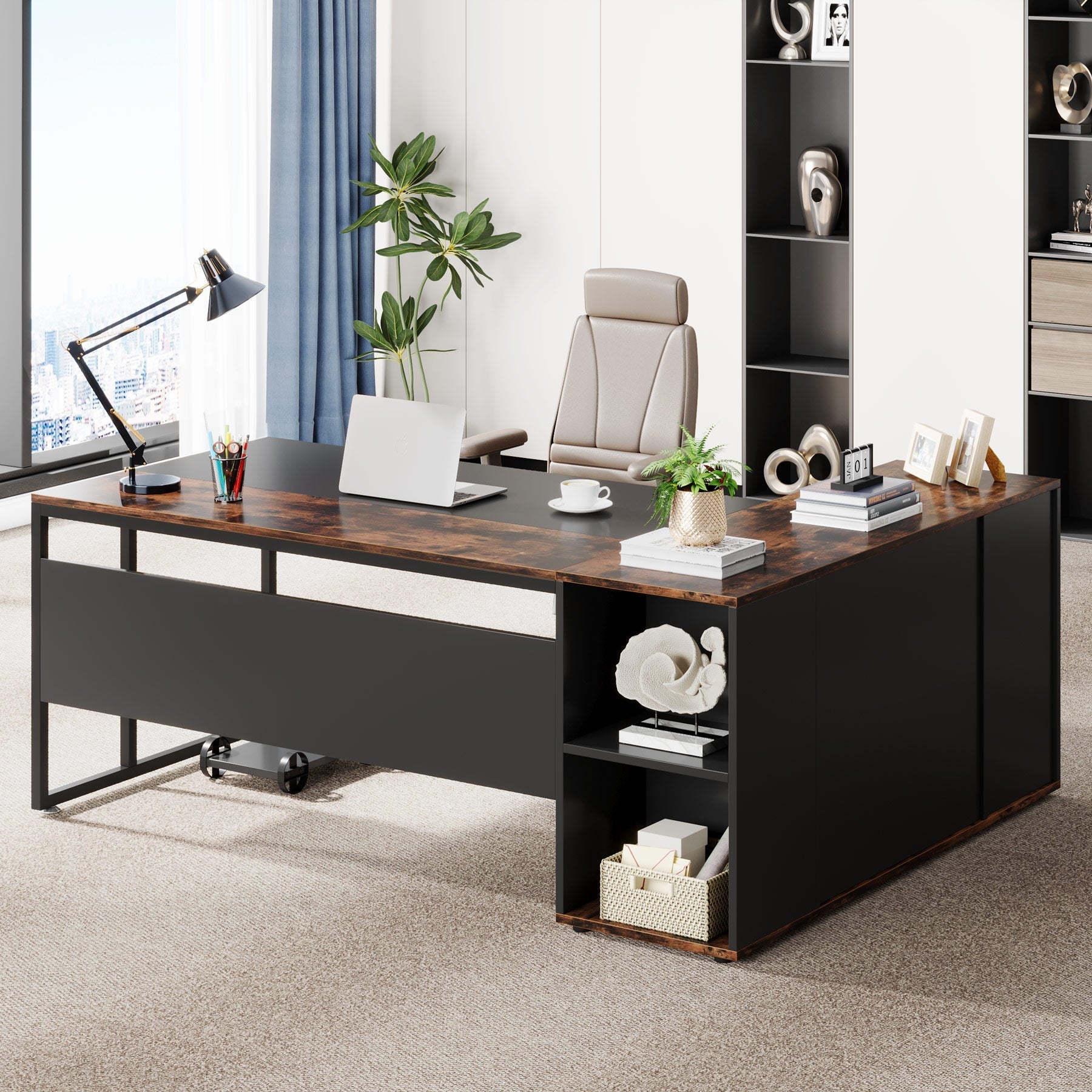 71 inch Executive Desk, L-Shaped Computer Desk with Storage Cabinet