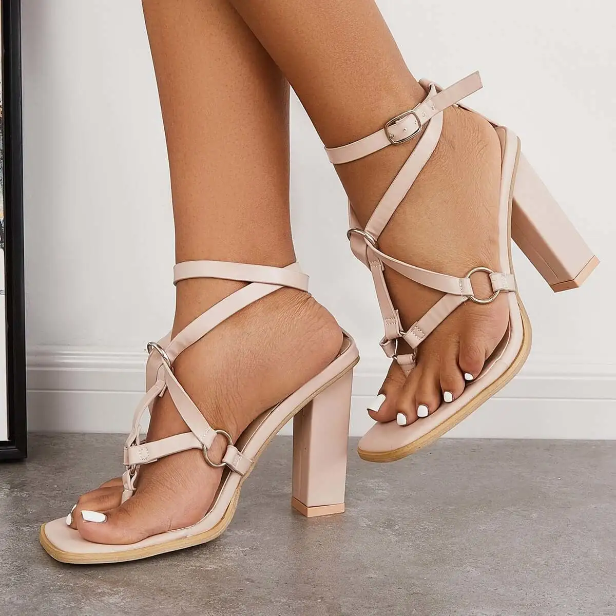 Square Toe Ankle T-Straps Sandals Chunky Block High Heels