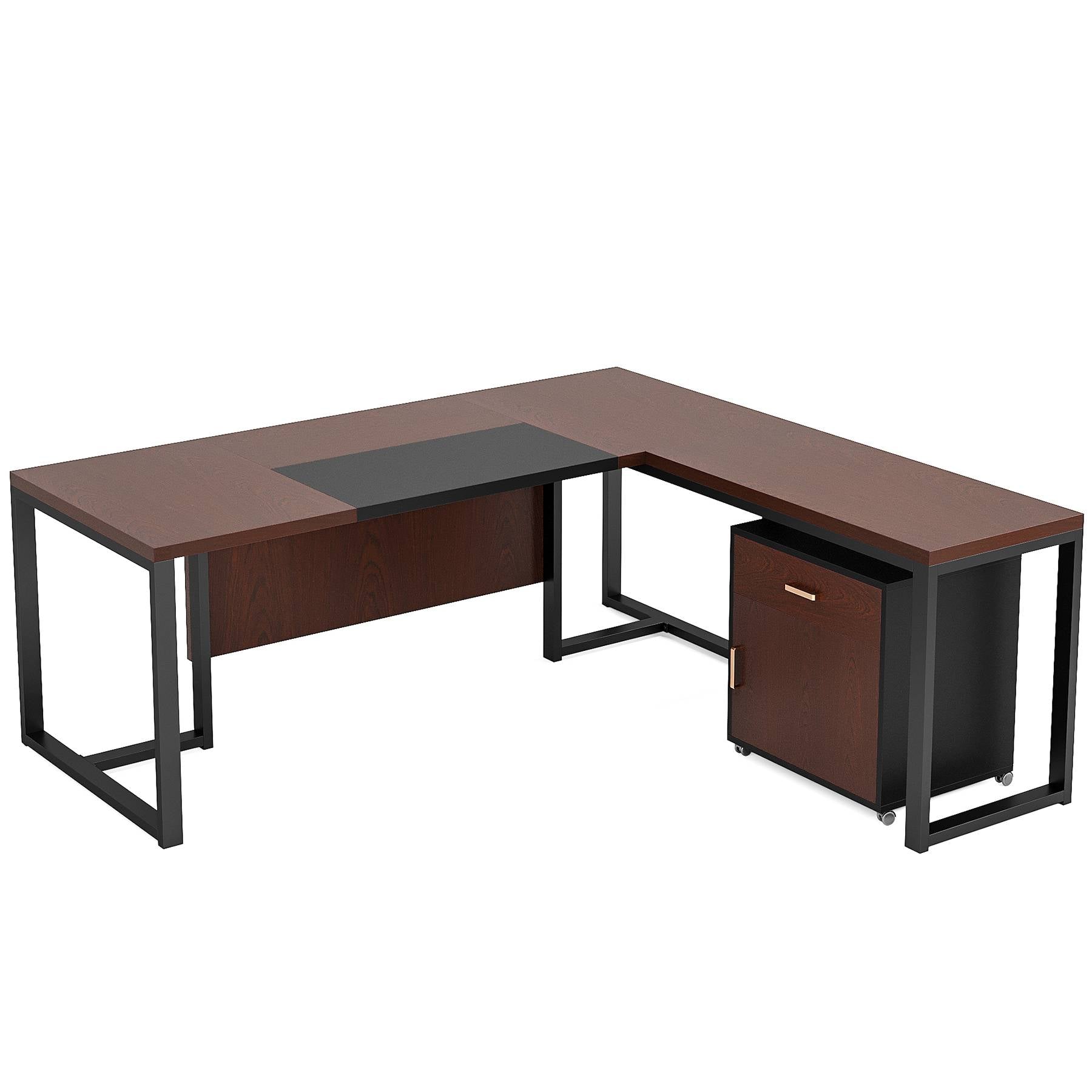 70.8” L-Shaped Desk, Large Executive Desk with Mobile File Cabinet