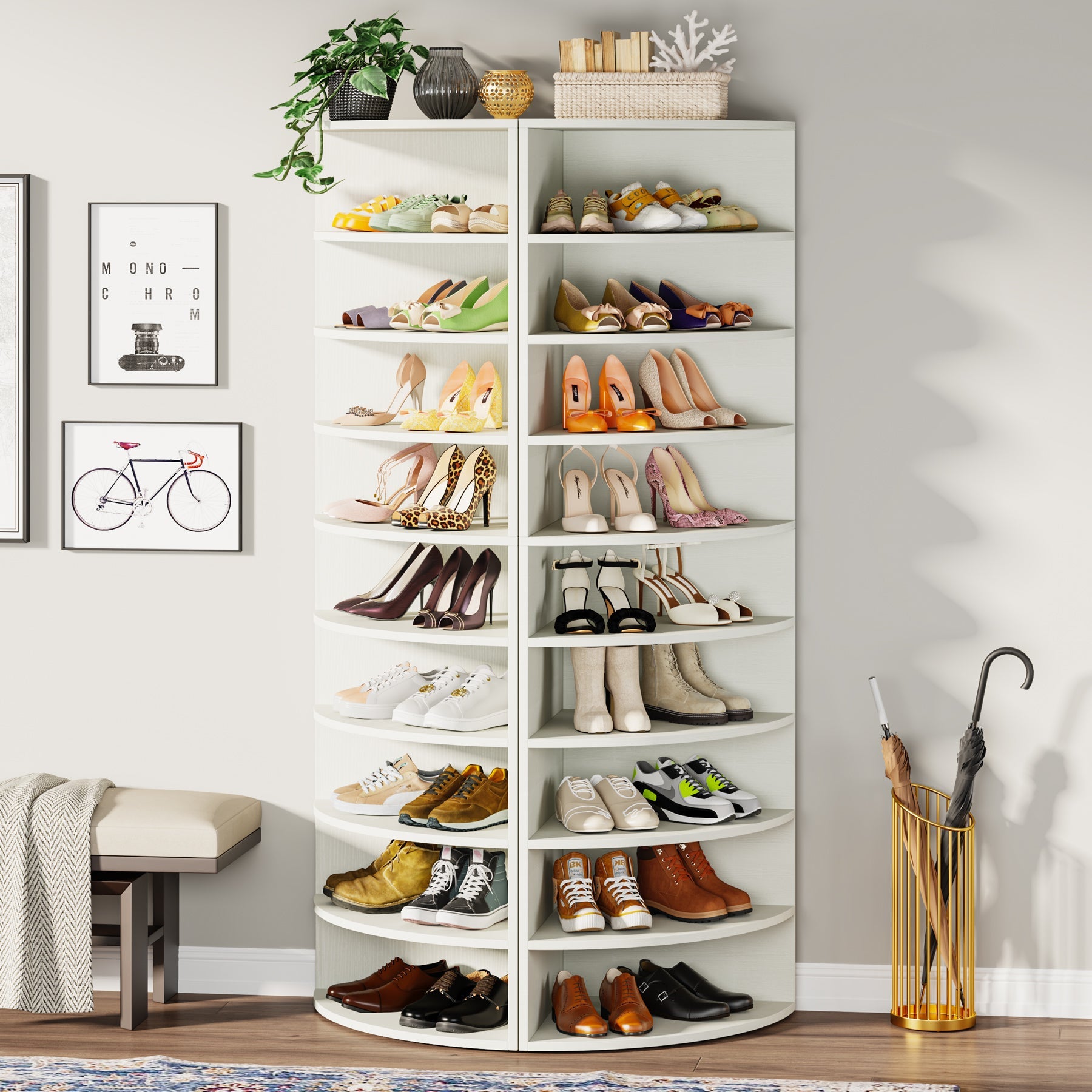 Corner Shoe Rack, 9-Tier Wooden Shoe Shelf Cabinet with Large Storage