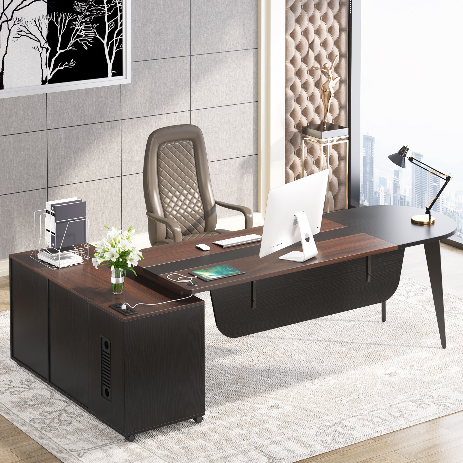 70.9'' L-Shaped Desk, Executive Desk with Power Outlet and 47” File Cabinet