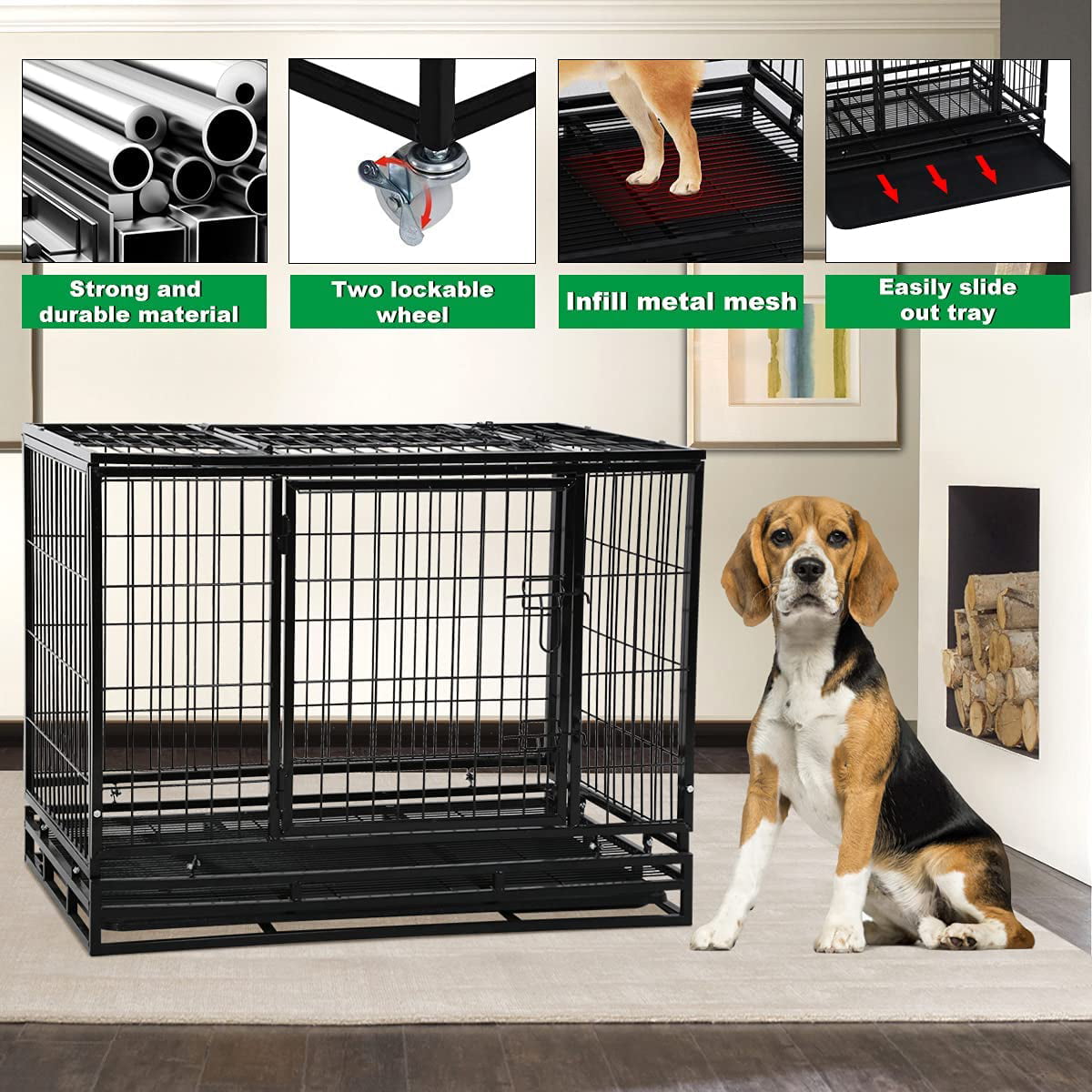 Dkelincs 42 inch Dog Cage Heavy Duty XL Dog Crate and Kennels with Wheels and Tray Dog Kennel with Double Doors for Dog Training