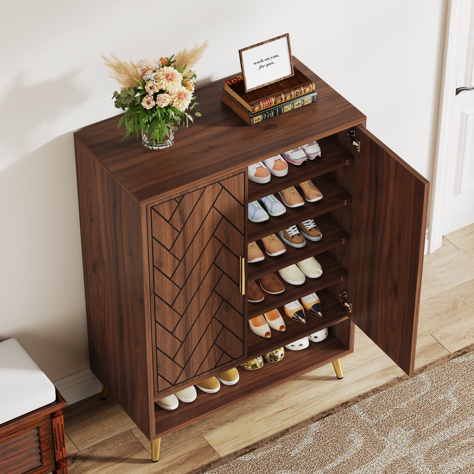 Walnut Shoe Cabinet, 6-Tier Wooden Shoe Organizer with Adjustable Shelves