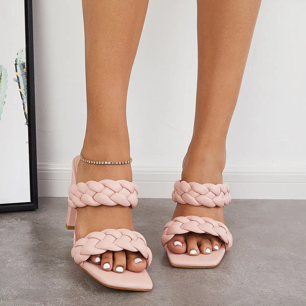 Braided Chunky Heeled Mules Square Toe High Heel Sandals