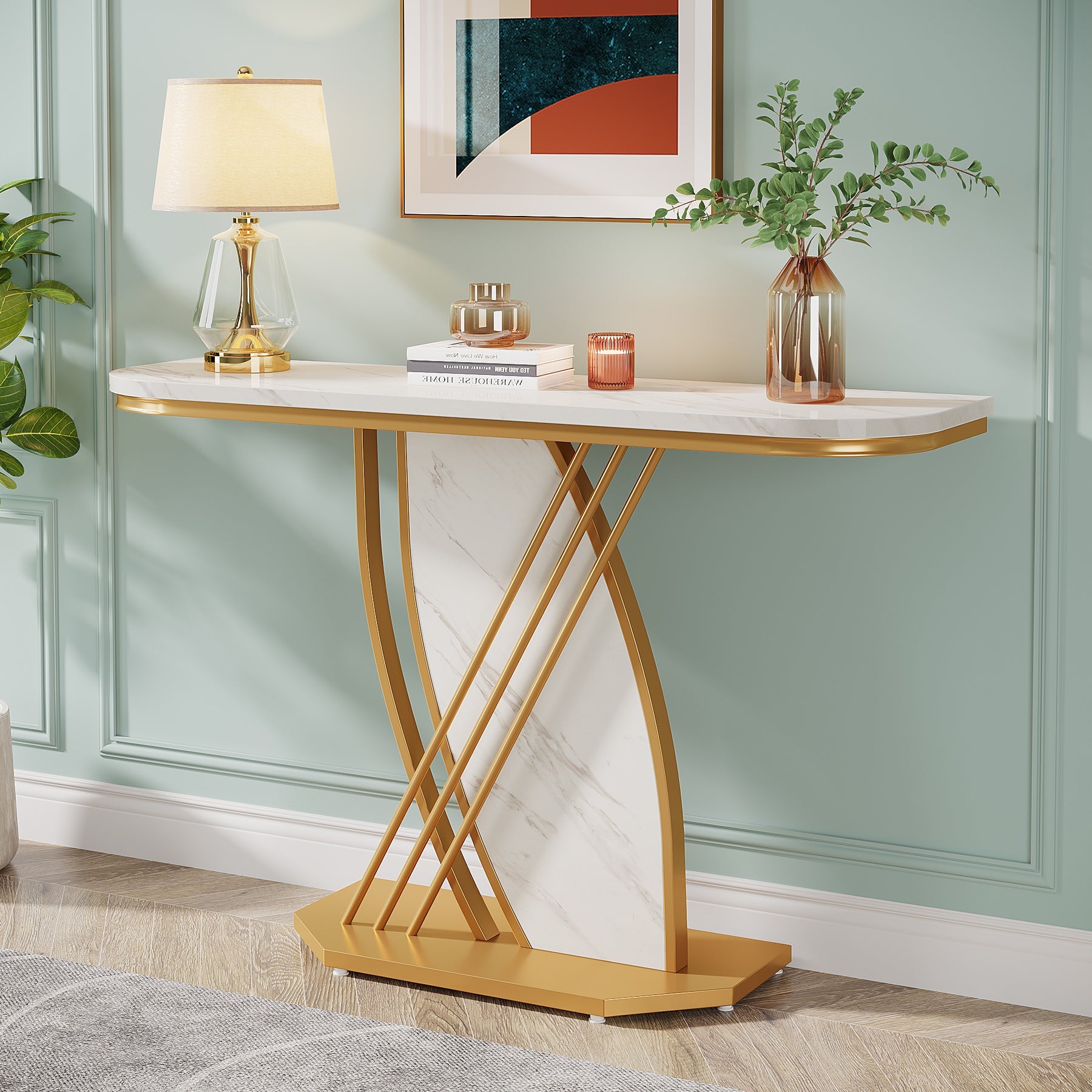 Modern Console Table, Faux Marble Sofa Table with Geometric Metal Legs