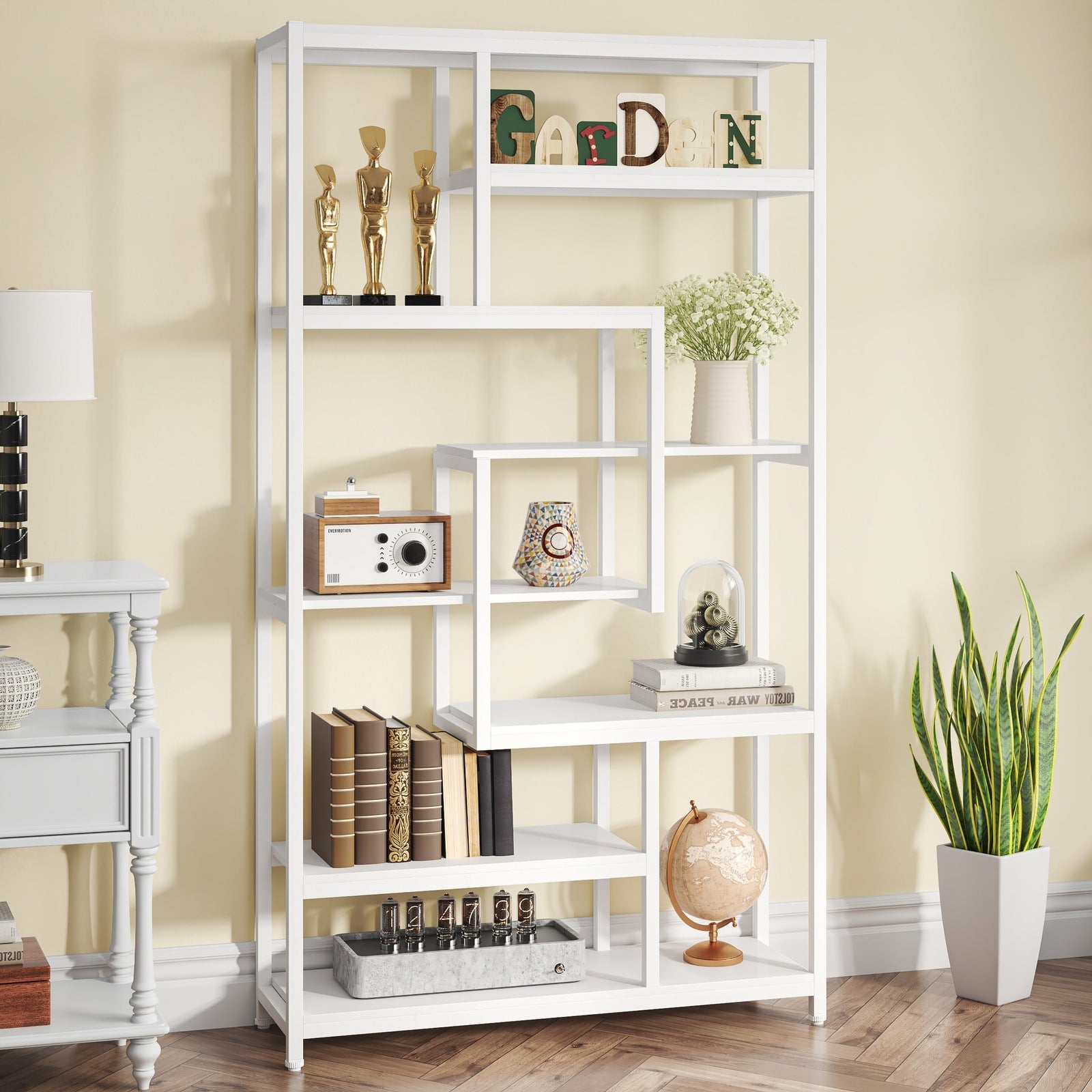 8-Shelf Staggered Bookshelf,  Industrial Etagere Bookcase