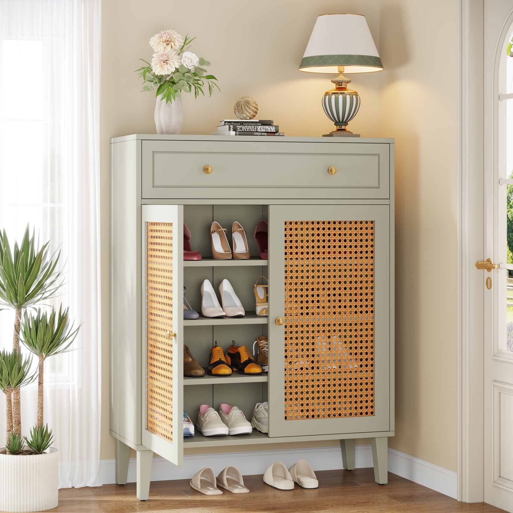 Wooden Shoe Cabinet, Rattan Shoe Organizer with Doors and Drawer