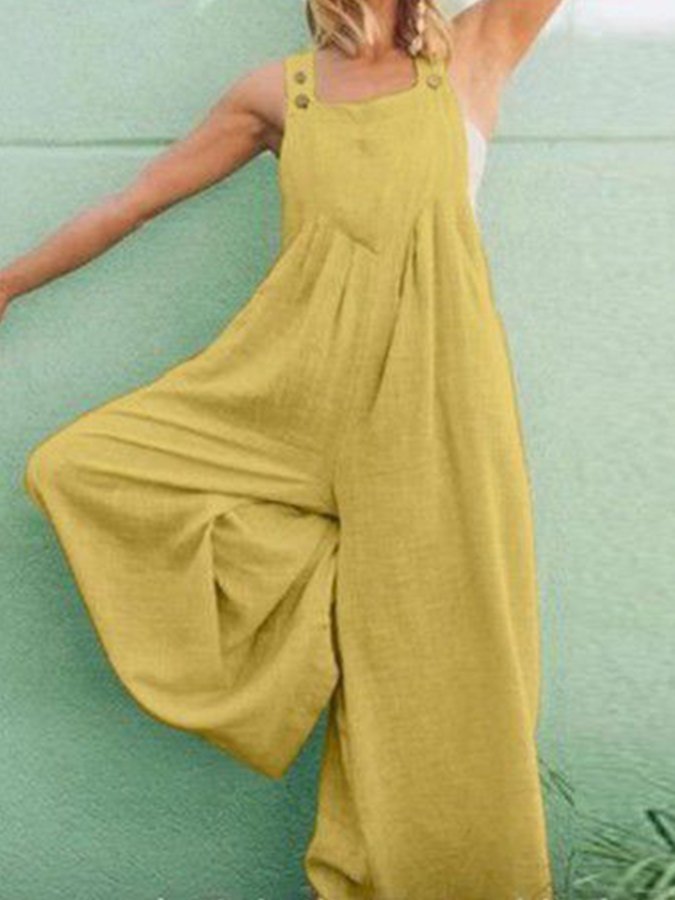 Ladies Cotton Linen Solid Color Strap Long Wide Leg Jumpsuit