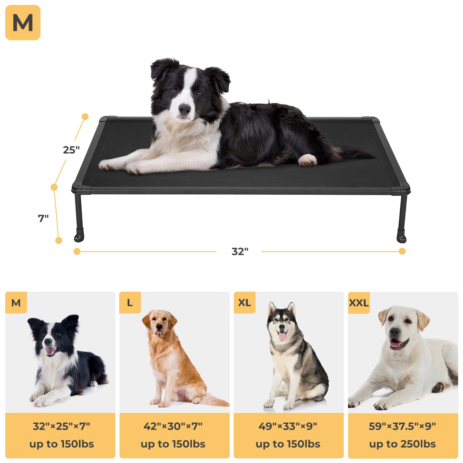 Veehoo Chewproof Dog Bed， Cooling Raised Dog Cots with Black Metal Frame， Medium， Black