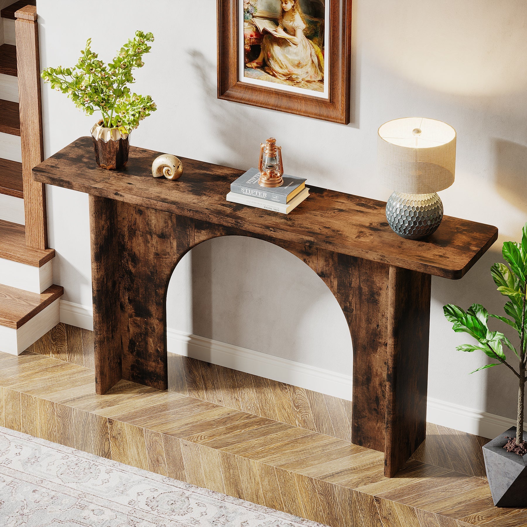 63-Inch Console Table, Wood Farmhouse Entryway Table with Arch Brace