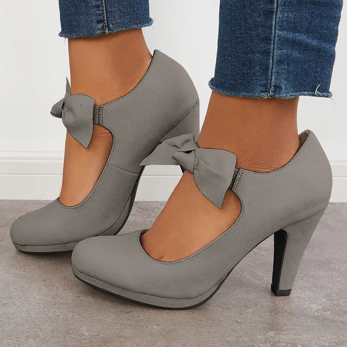 Thick Heel Mary Jane Pumps Bowknot Round Toe Ankle Strap Heels