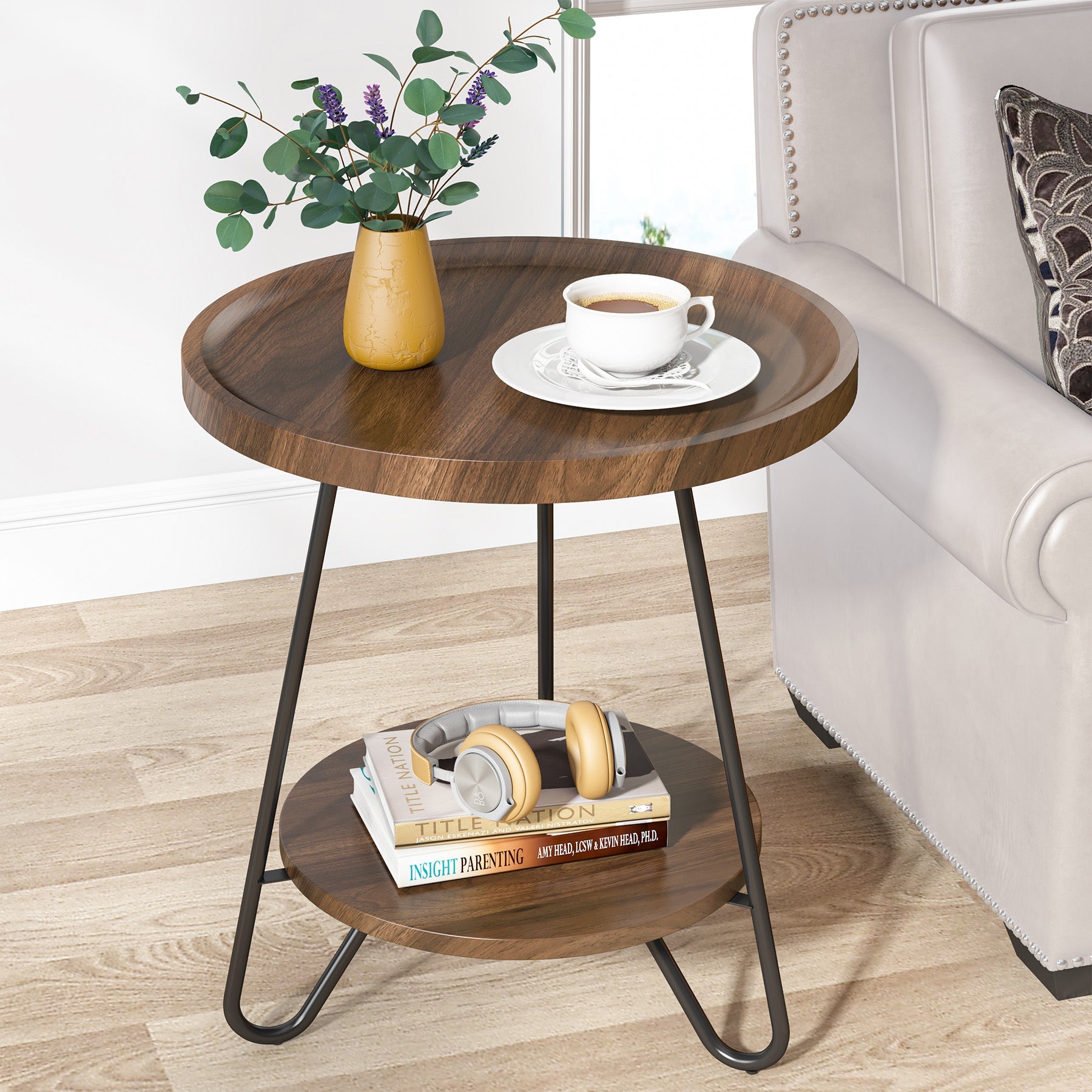 Round End Table, 2-Tier Side Table Accent Table with Metal Legs