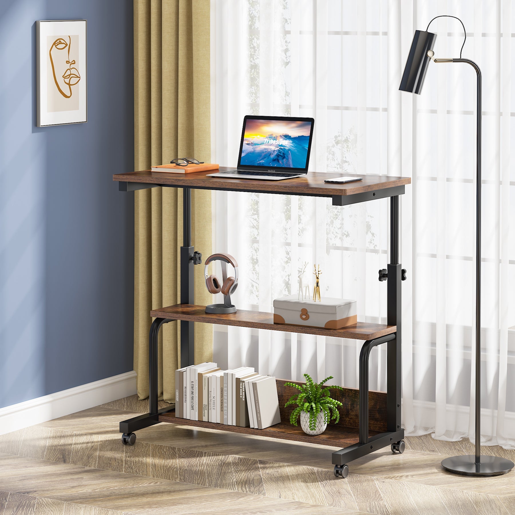 Mobile C Table, Height Adjustable Bedside Sofa Table with Shelves