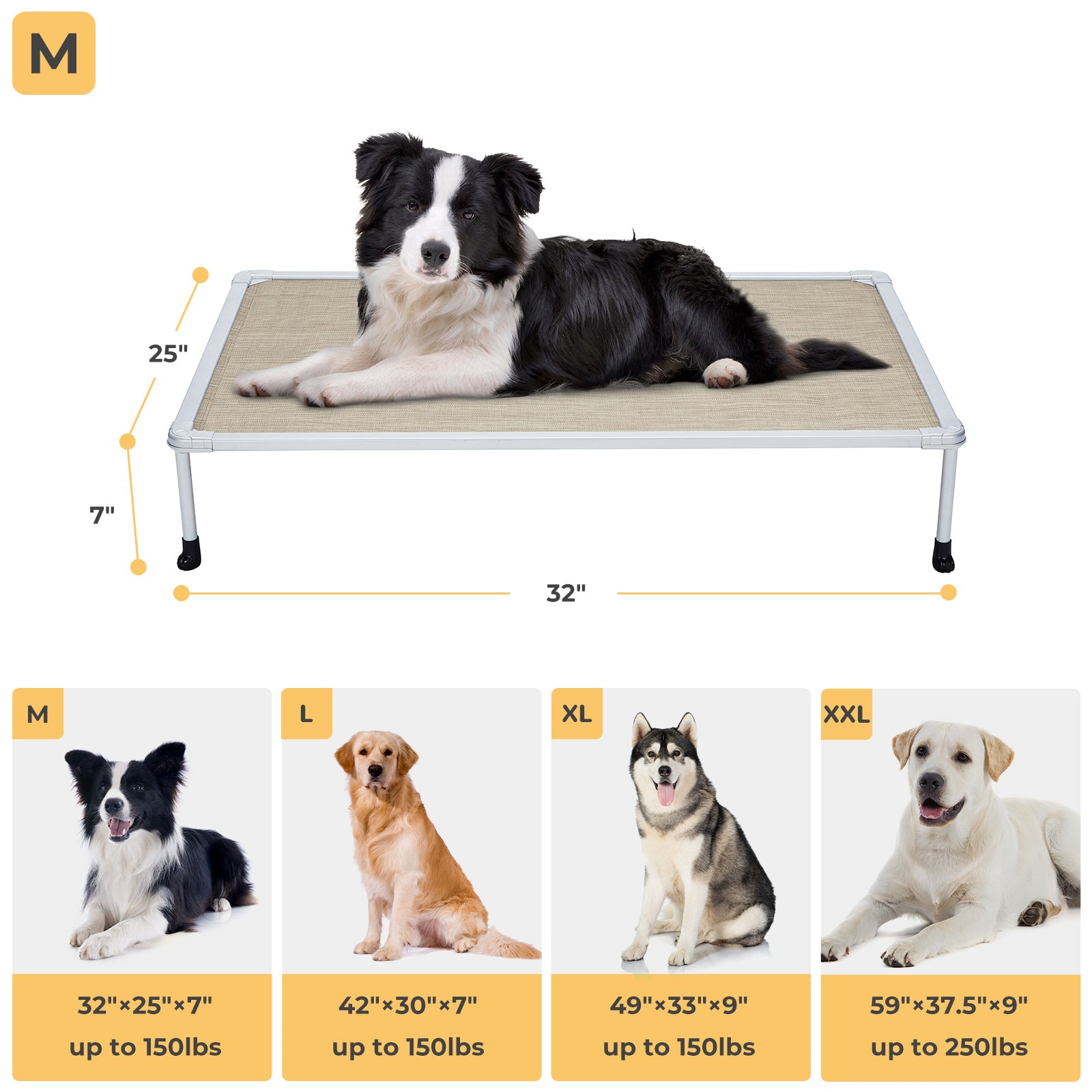Veehoo Chewproof Dog Bed， Cooling Raised Dog Cots with Silver Metal Frame， Medium， Beige Coffee
