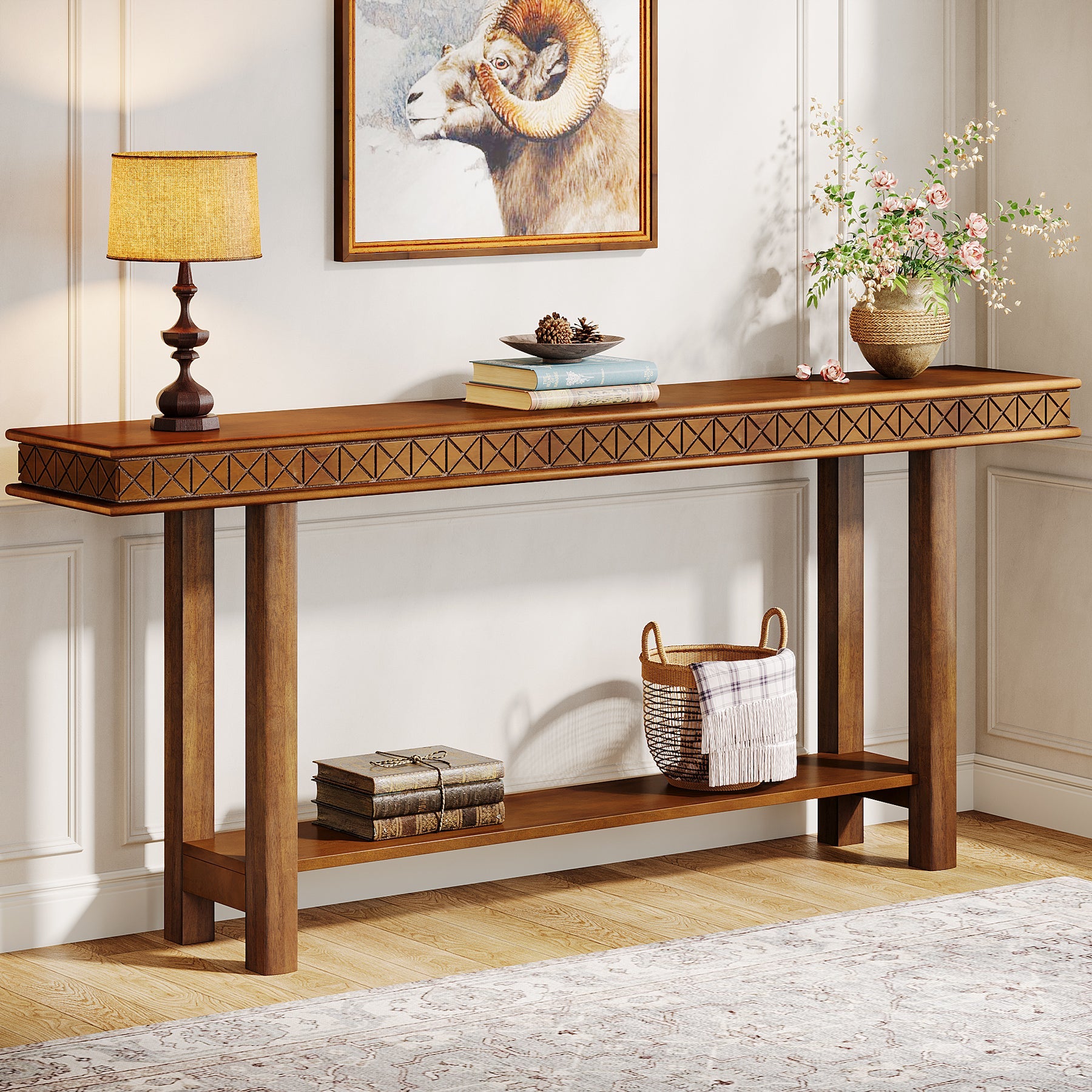 70.9-Inch Console Table, Wood 2-Tier Sofa Table Long Entryway Accent Table