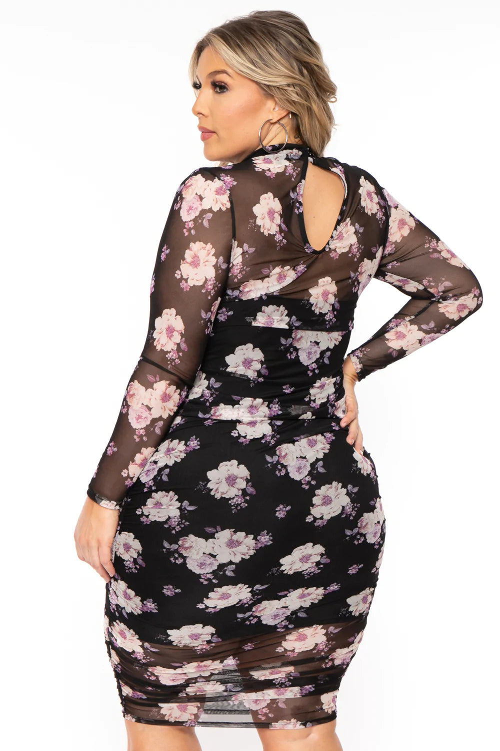 Plus Size Floral Caelan Ruched Bodycon Dress- Black