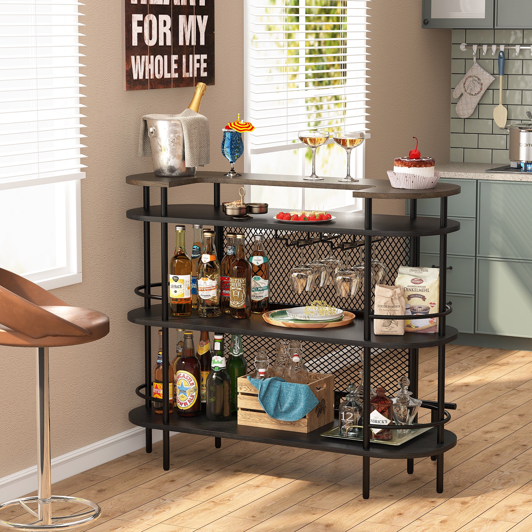 Bar Unit for Liquor, 4-Tier Bar Cabinet with Storage Shelves and Footrest