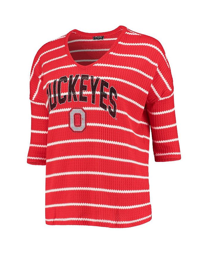 Women's Scarlet Ohio State Buckeyes Striped Tri-Blend 3/4 Sleeve T-shirt