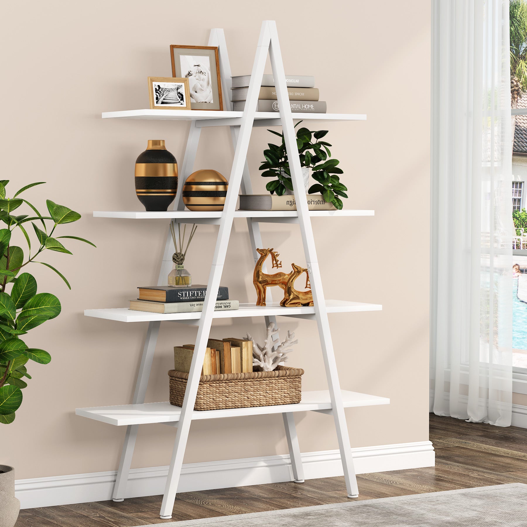 4-Tier Bookshelf, A-Shaped Bookcase Industrial Ladder Display Shelf