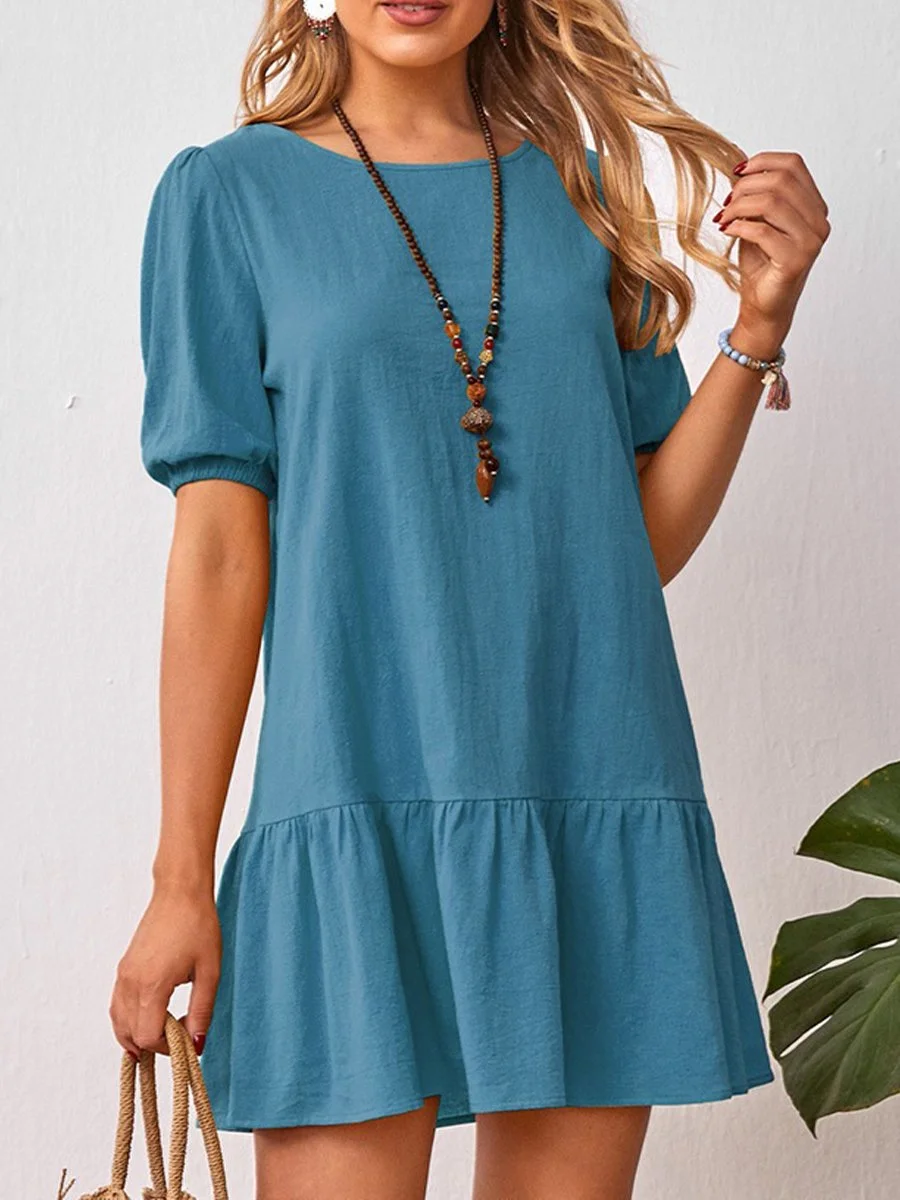 Women's Solid Color Short Sleeve Crinkled Cotton Linen Dress
