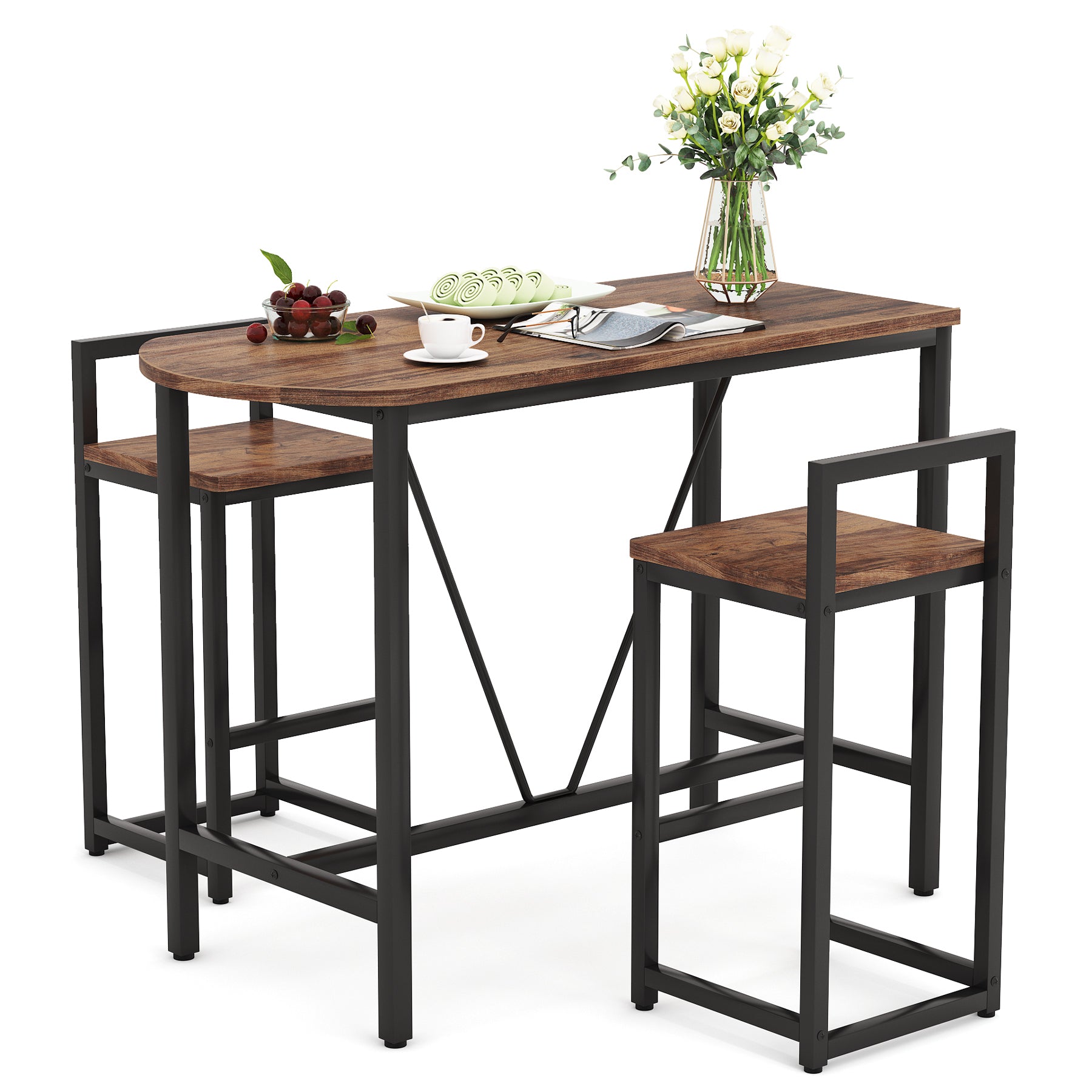 3-Piece Bar Table Set, Kitchen Pub Dining Table and 2 Stools