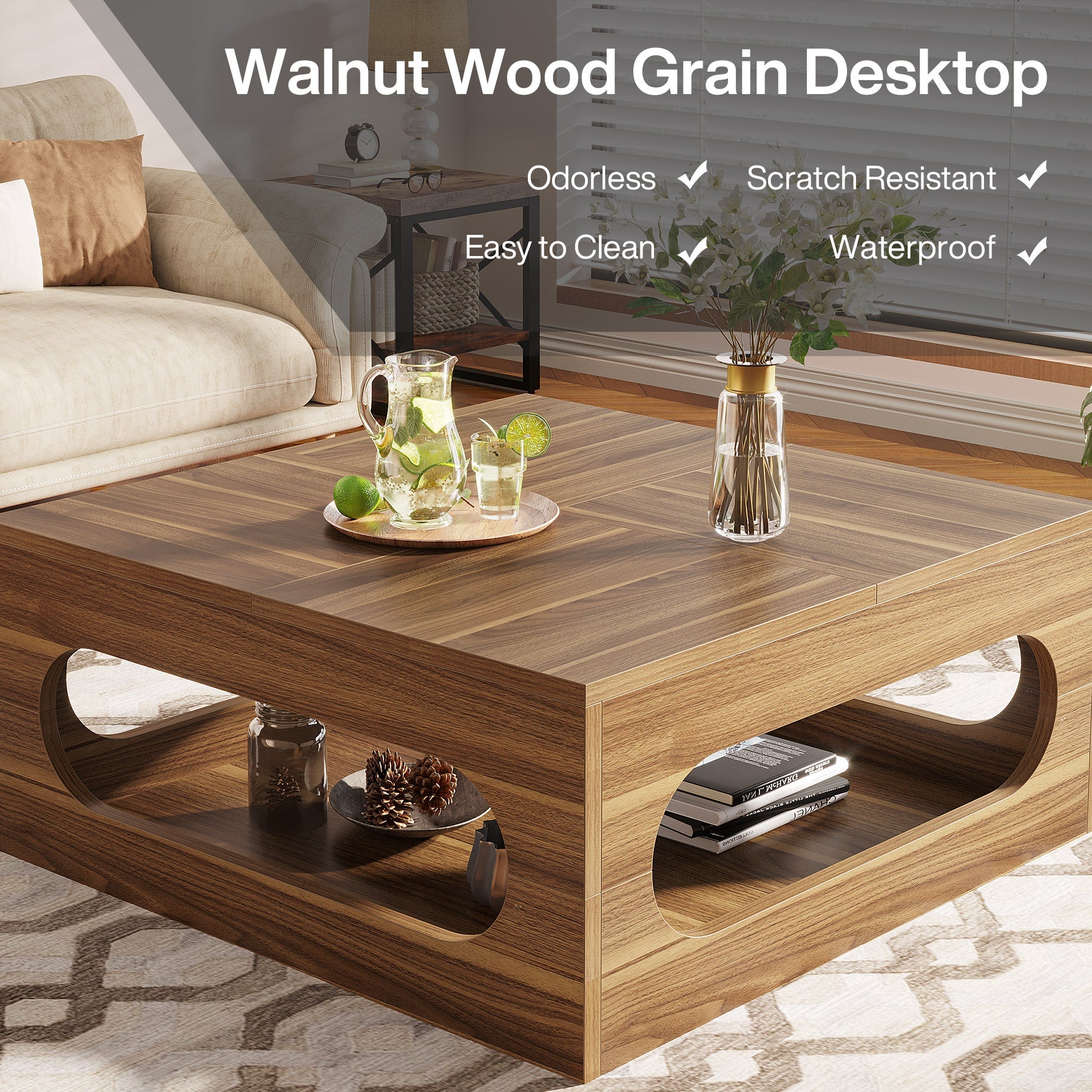 2-Tier Coffee Table, Wood Square Center Tea Table with LED Strip Light