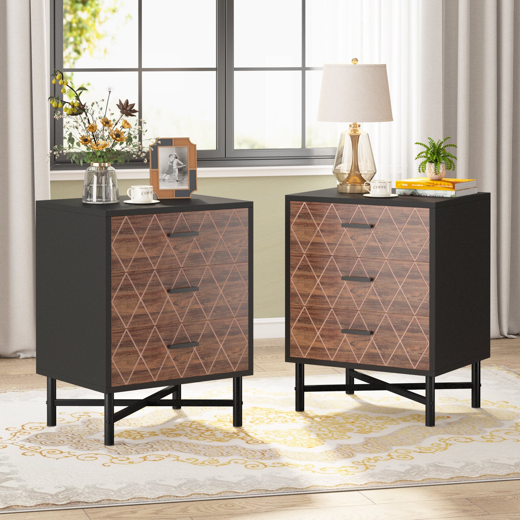 3-Drawer Nightstand, Modern Bedside Table with Metal Legs