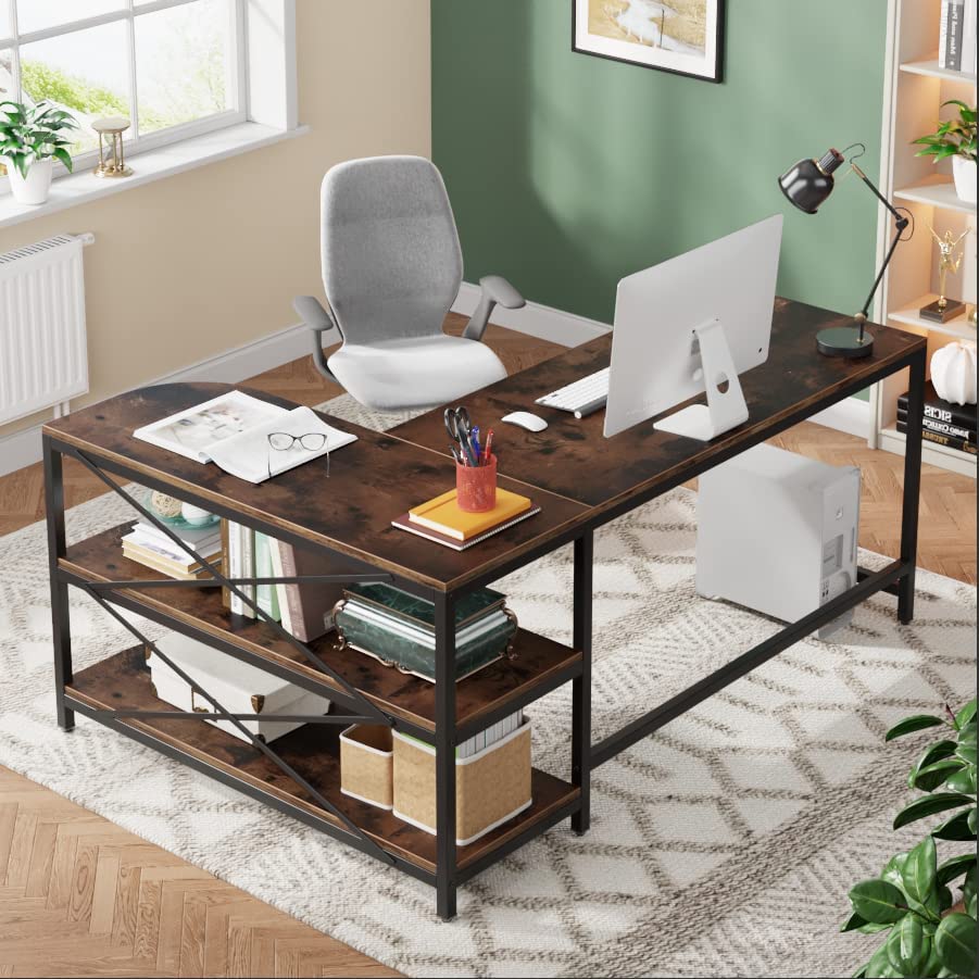 Industrial L-Shaped Desk Writing Desk with Storage Shelves