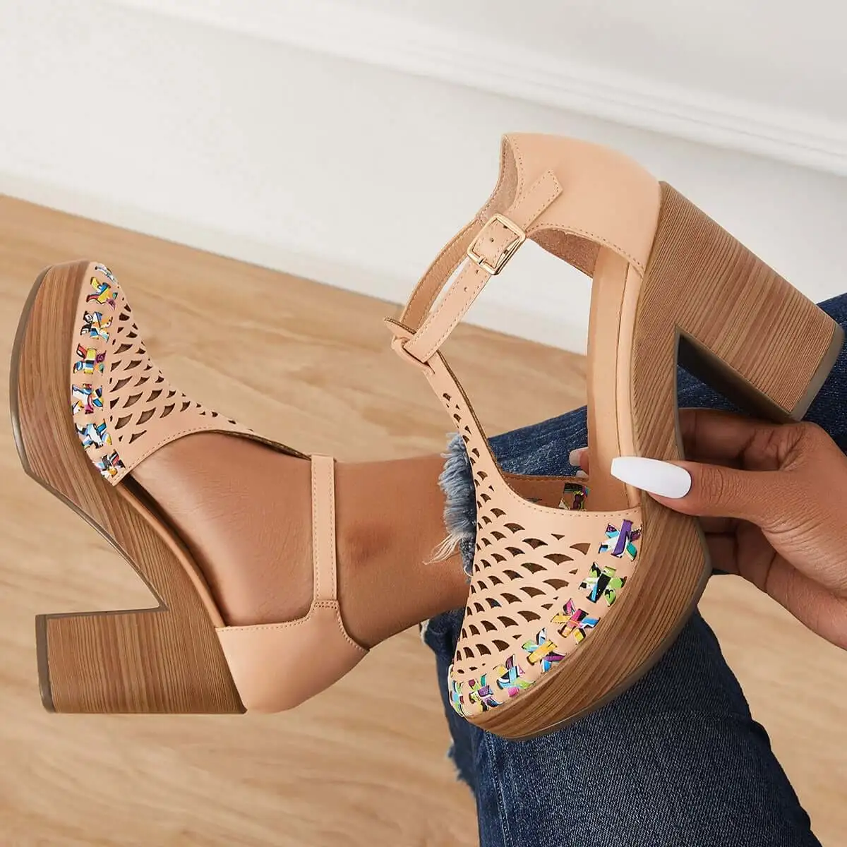 Platform Block Chunky High Heels Ankle T-Strap Cutout Sandals
