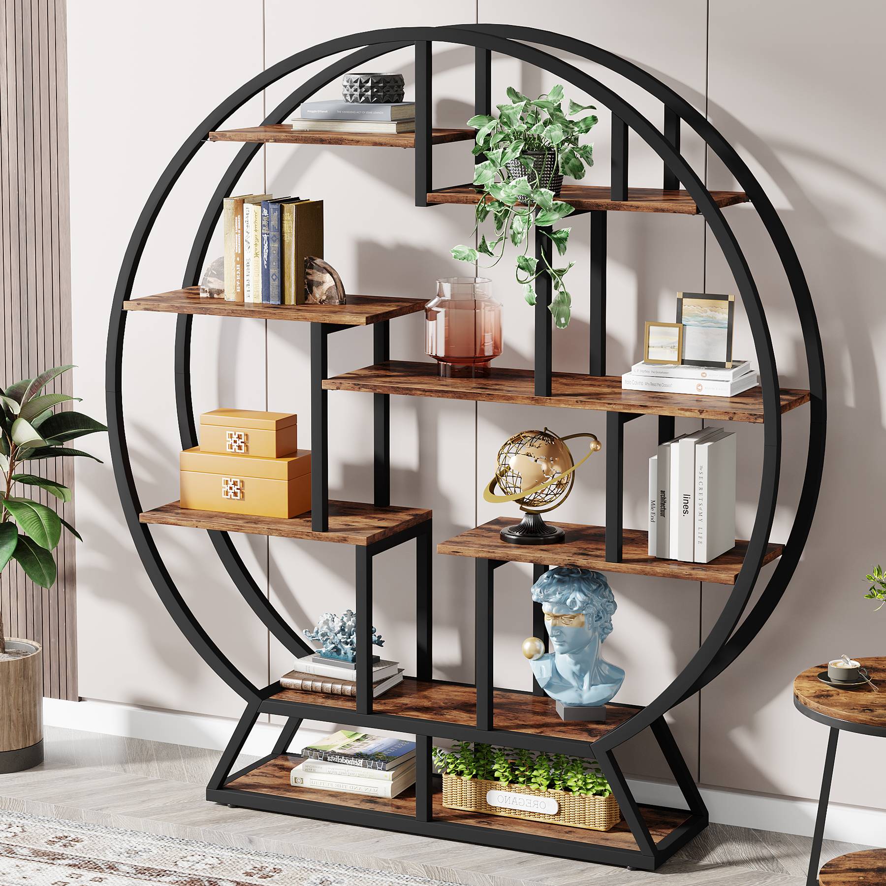 Round Bookshelf, 63 Inch Etagere Bookcase with Staggered Shelves