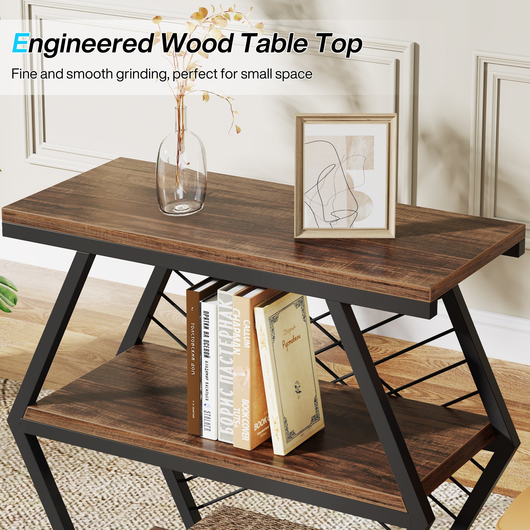 Industrial End Table Side Table with 3 Storage Shelves & Metal Frame