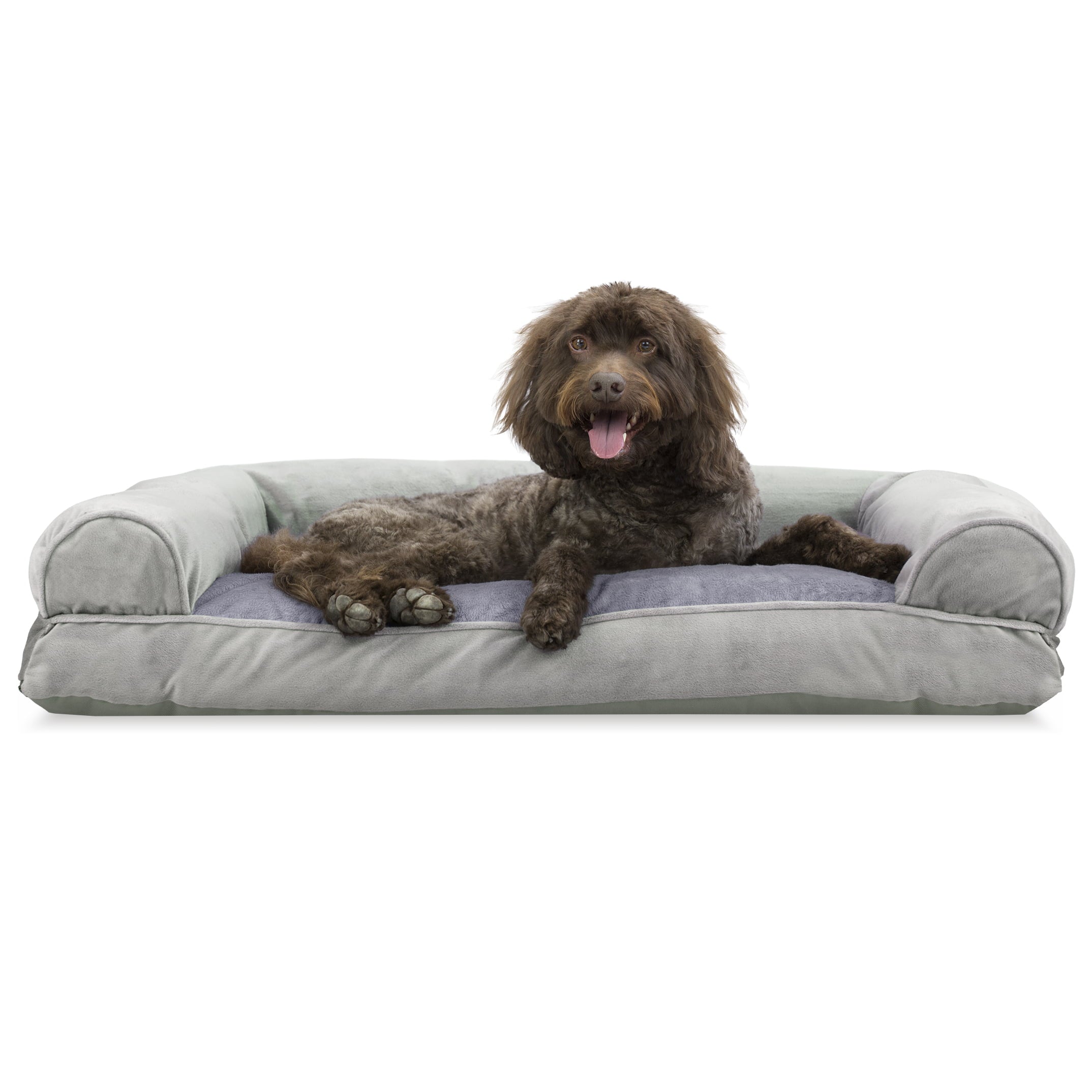 FurHaven | Faux Fur and Velvet Pillow Sofa Pet Bed for Dogs and Cats， Smoke Gray， Large